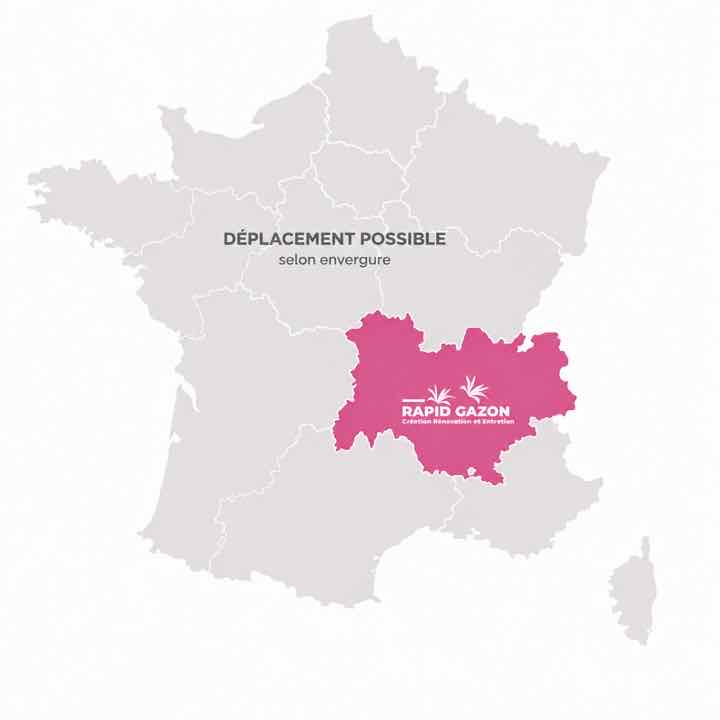 Carte d'intervention Rapid Gazon : Auvergne-Rhône-Alpes en zone régulière, déplacement possible en France entière selon l'envergure du chantier